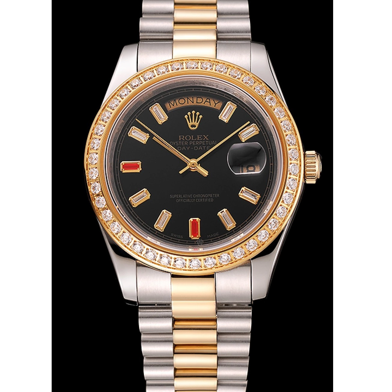 Best AAA Replica Sites Tone Day-Date Rubies Diamonds Dial Swiss Black Two Rolex 1454105 And Bracelet 0816